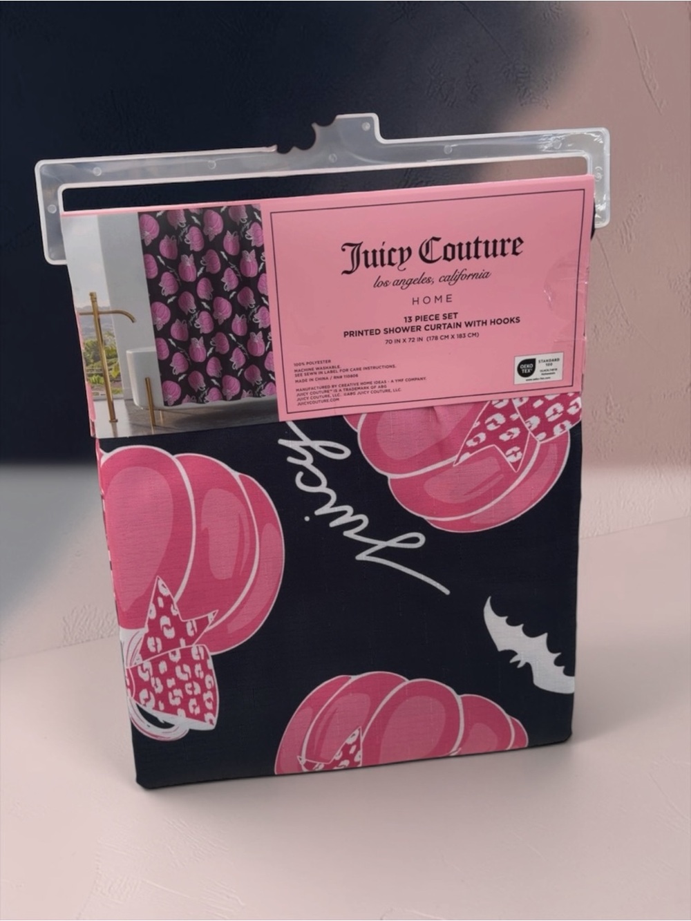 Juicy Couture Black & Pink Printed Bath Curtain with Logo Accents